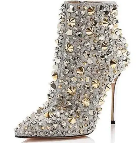 

Newest Sexy Pointed Toe Rivets Studded Ankle Boots Woman 2019 Silver Crystal Embellished Thin Heels Boots Leather Shoe