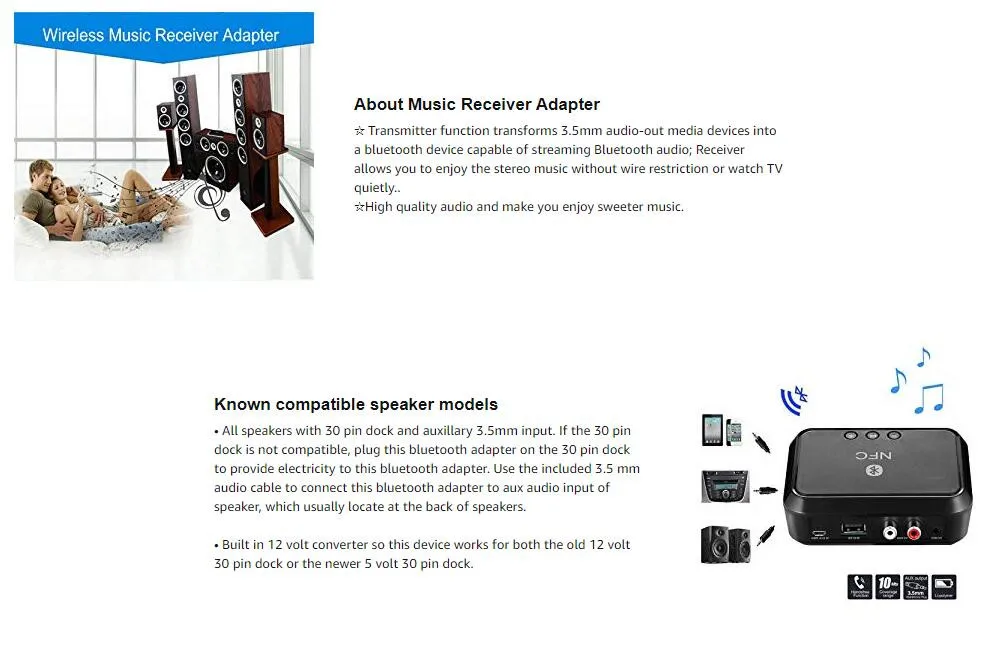 VIKEFON Bluetooth приемник NFC Hifi стерео музыка аудио беспроводной адаптер 3,5 мм AUX Jack/RCA для динамика домашняя Автомобильная звуковая система