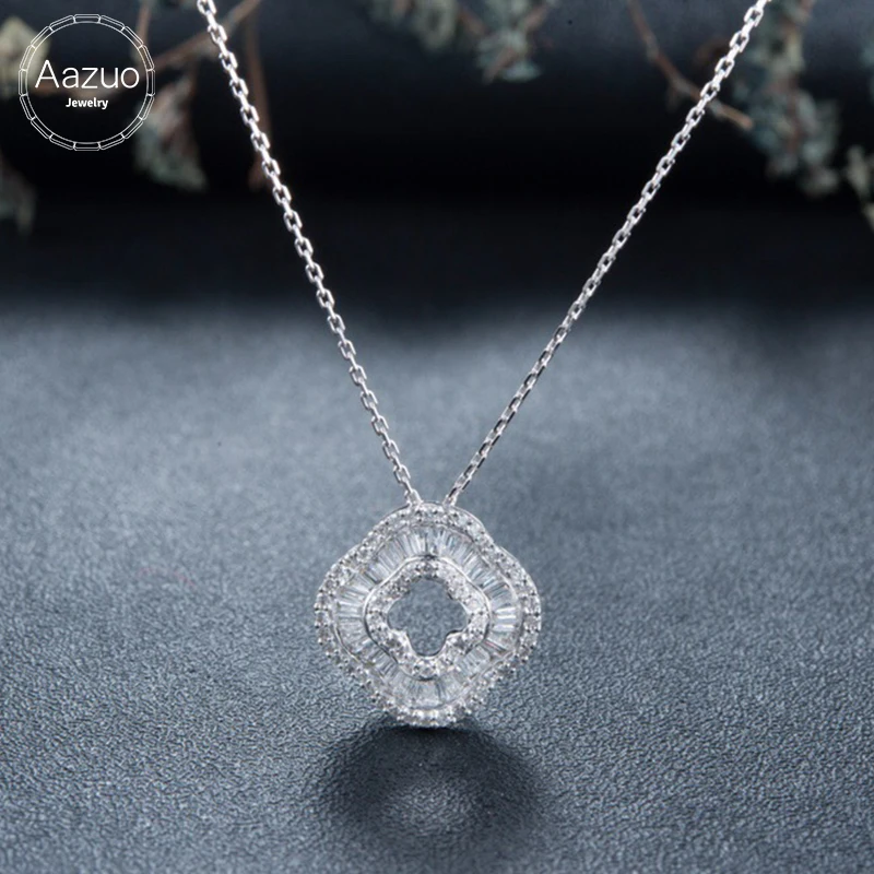 Aazuo 100% 18K White Gold Rose Real Ladder Diamond Fashion Flower Clover Necklace gifted for Women 18 Inch Link Chain Au750 | Украшения и