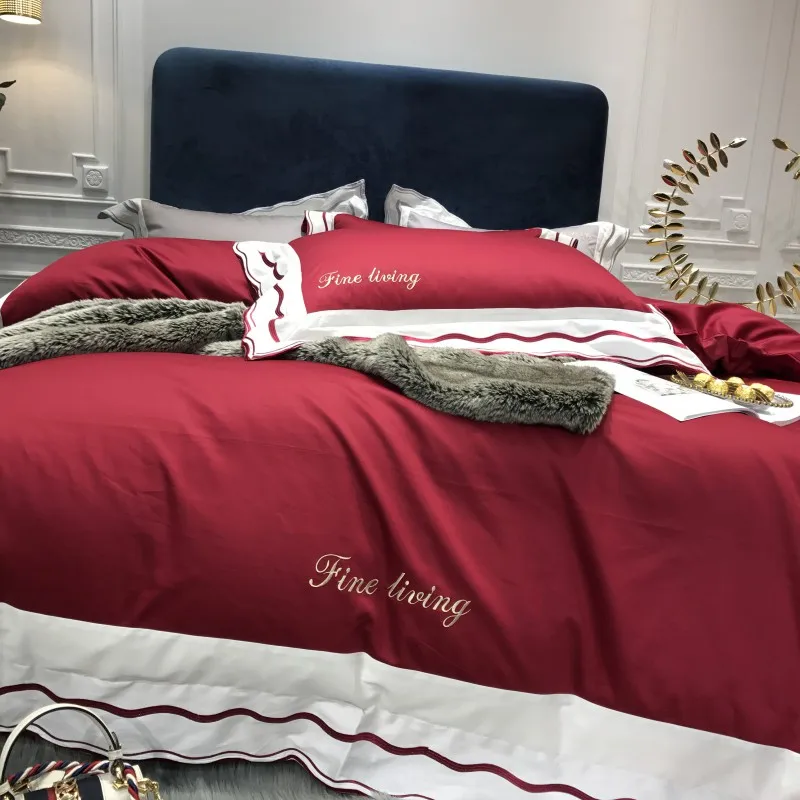 Серое, розовое, красное постельное белье, набор постельного белья queen King size, набор постельного белья из хлопка с вышивкой, набор постельного белья с пододеяльником