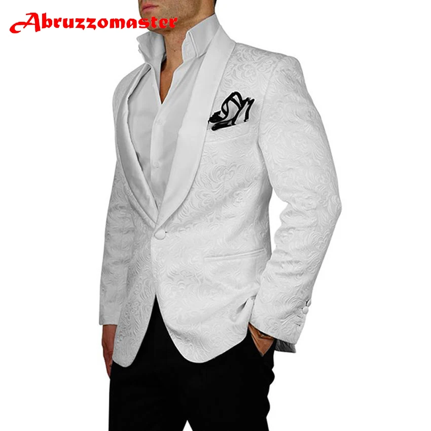 

Abruzzomaster White Print Man Suit Shawl Lapel Tuxedos Bespoke Suit 2 Pieces Groom Tuxedos Floral Print Groomsman Suit