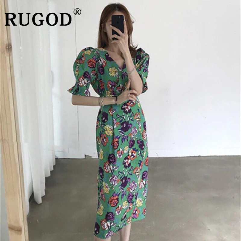 Женское длинное платье с цветочным принтом RUGOD корейское офисное расклешенным