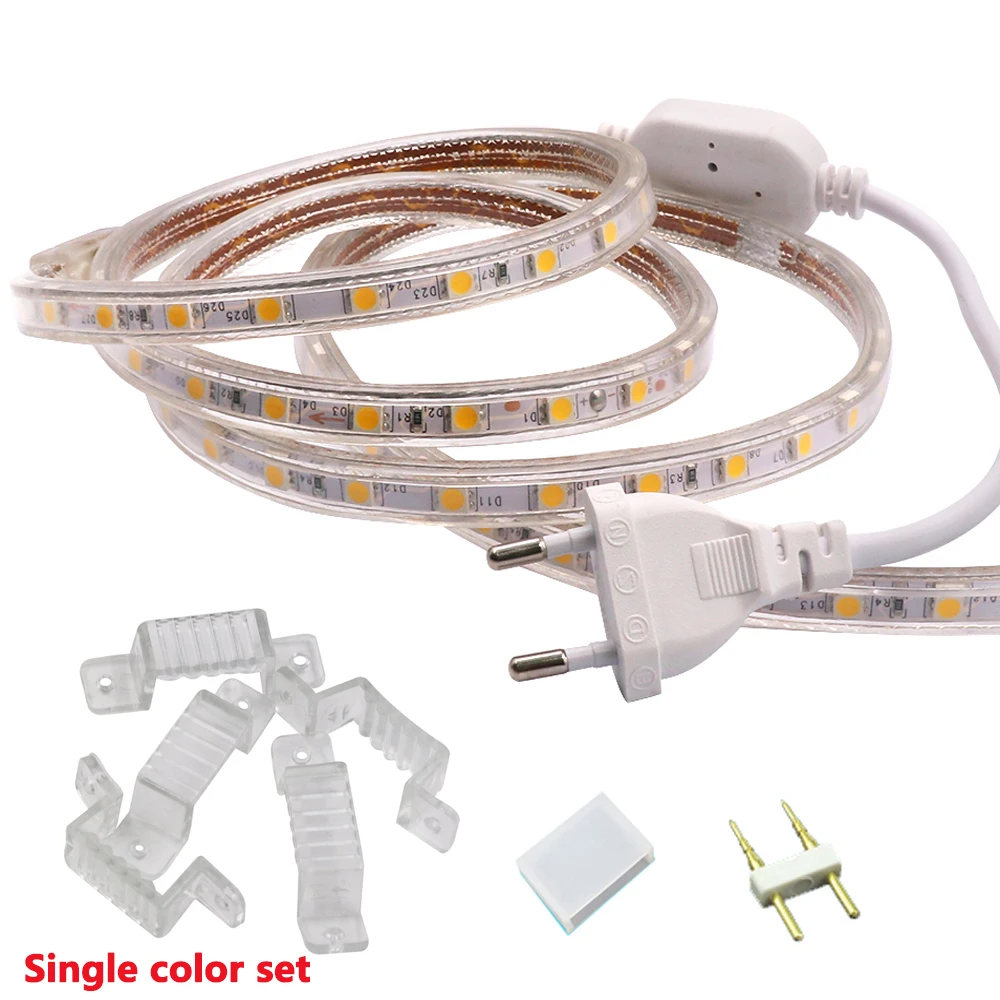 Цветная(RGB) светодиодная лента 220V 240V 5050 Водонепроницаемый гибкая светодиодная лента светильник белый 60 светодиодов/m 1 м/5 м/10 м/15 м/20 м/25 м/50 м/100 m+ Мощность штекер комплект
