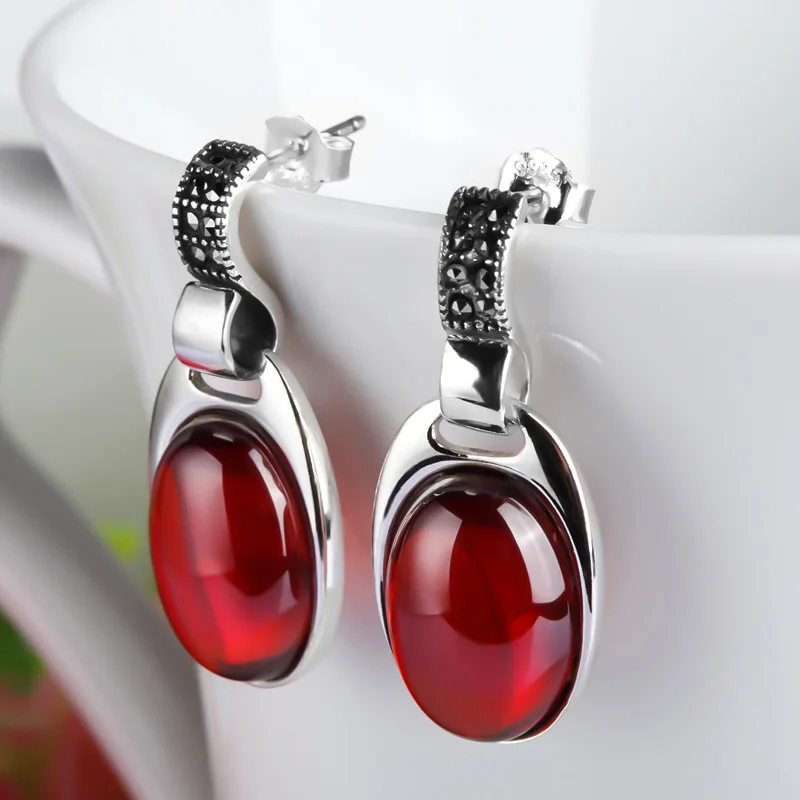 FNJ 925 серебряные серьги для женщин гранат S925 висячие из серебра пробы марказит