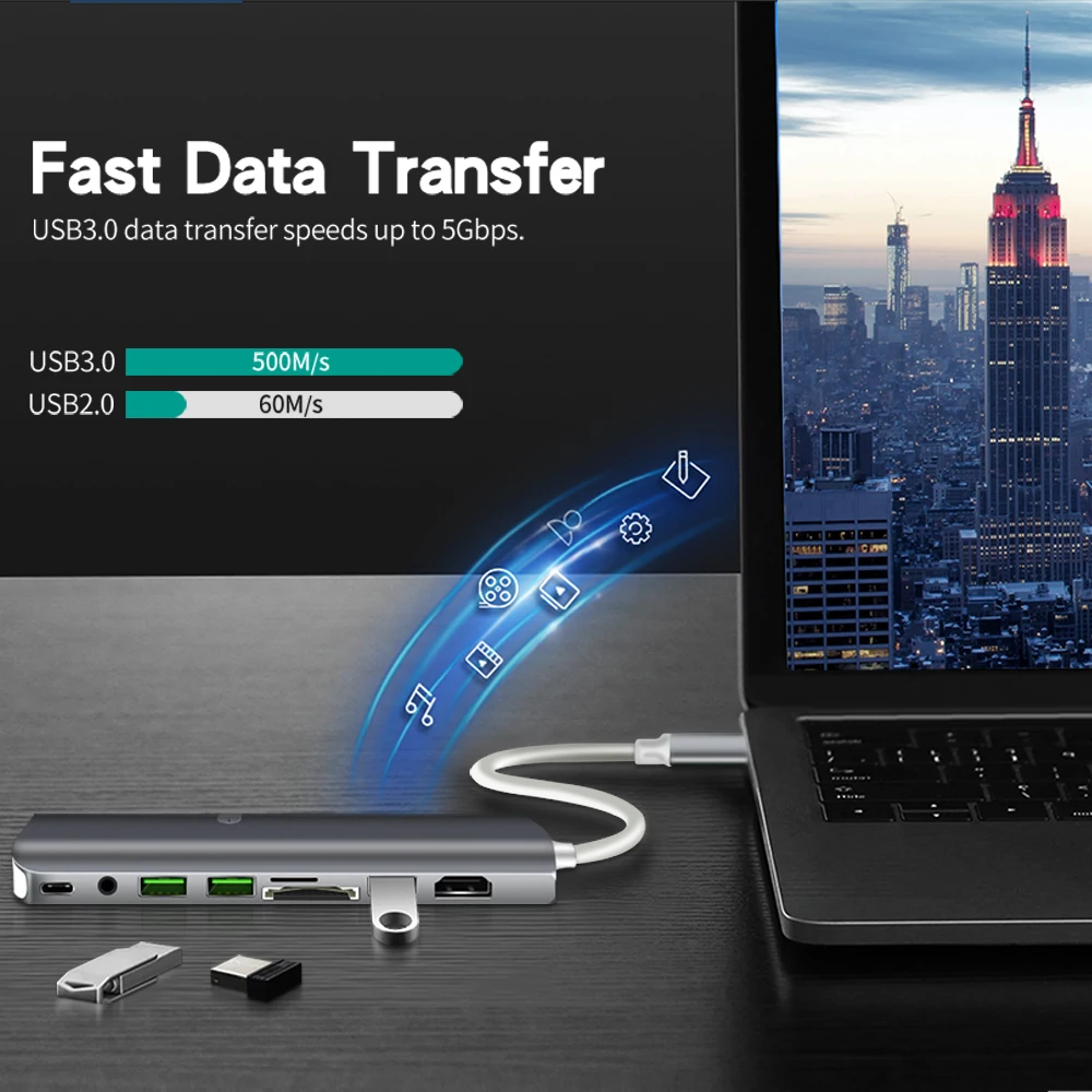 Адаптер для USB TYPE C Thunderbolt 3 9 в 1 с HDMI 4k PD 0 кардридер SD TF карт MacBook Pro Air 13 15|USB-хабы| |