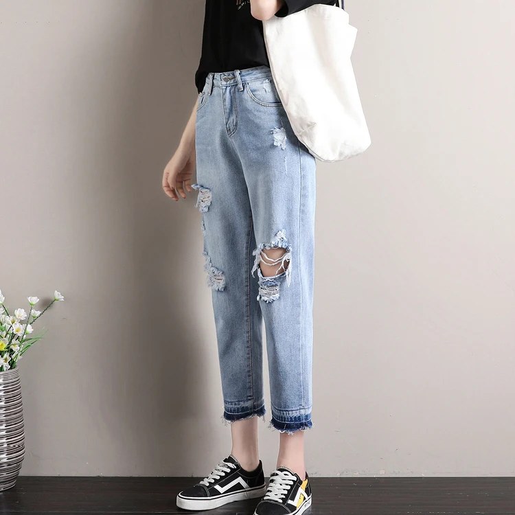Весна лето 2020 джинсы с дырками для полных сестер высокой талией тонкие свободные