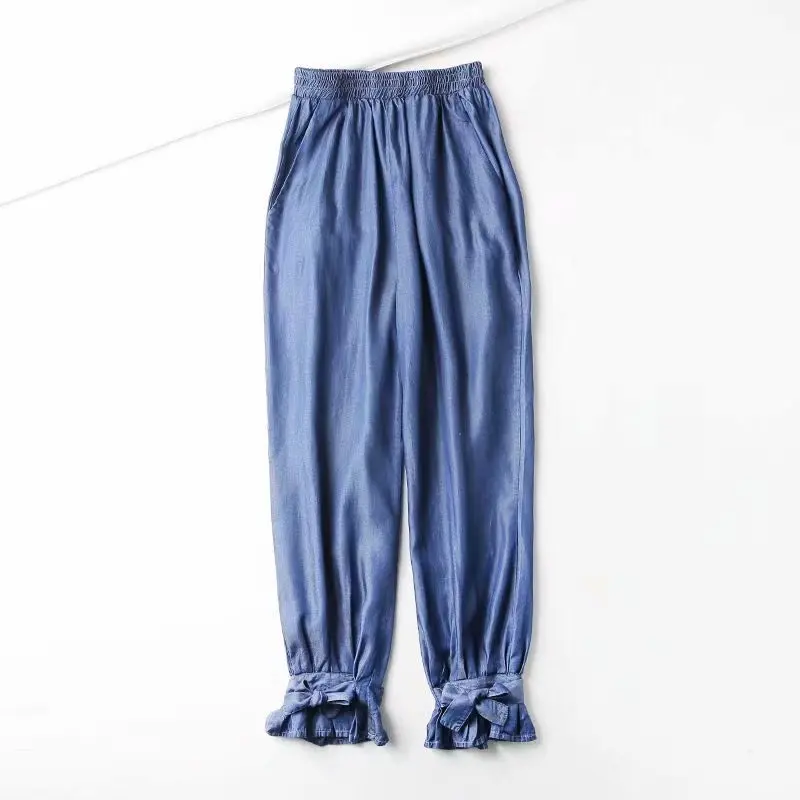 KZ497 Women Brief Elastic Waist Sashes Deco Solid Color Soft Denim Pants Culf Slim Jeans Trousers | Женская одежда