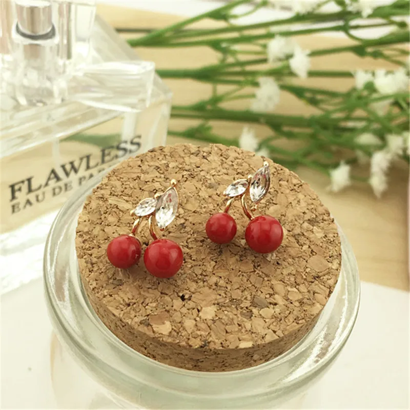 Женщины Стразы стад серьги double side Симпатичные red cherry Корейский стиль
