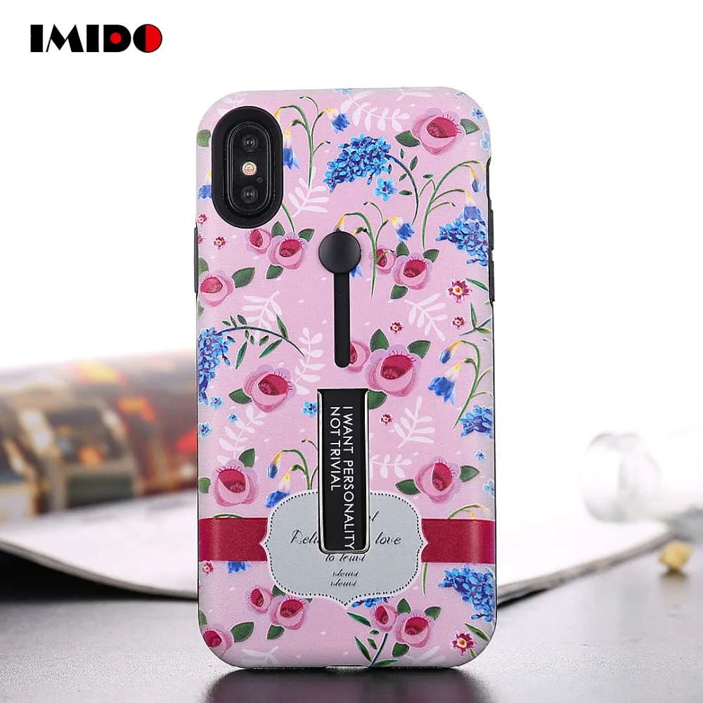 IMIDO Flower Painted Phone Case For iPhone 7 Plus Hide Ring Stand Holder Back Cover X XR XS MAX 8 6 6S Coque |