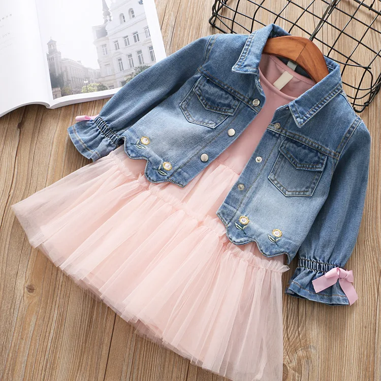 

spring fashion children clothing sets bowknot long sleve denim jackets+sleeveless patchwork mesh dress 2pcs girls clothes sets