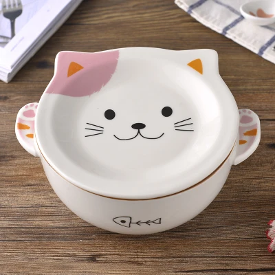 2 Give a spoon Керамика бинауральные анти-обжигающий супница милый кот лапши миска с крышкой Творческий японская столовая посуда студент риса 700 мл Q47 - Цвет: 2 Give a spoon