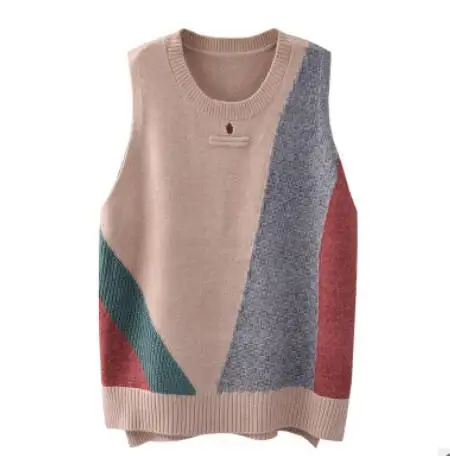 Вязаный жилет женский трикотажный лоскутный без рукавов 2019 на осень и весну