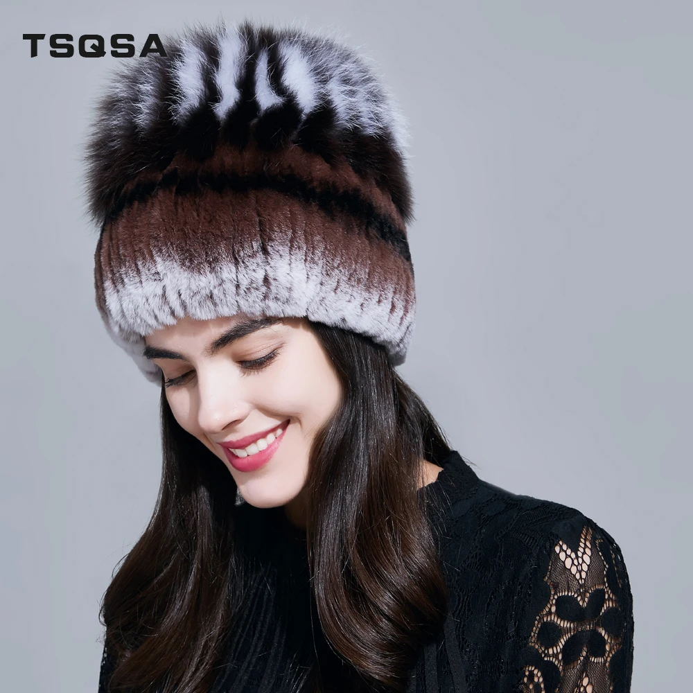 TSQSA Реальный Рекс Кролика Меха С Лисой Мех Трикотажные Шапки Женские Зимние