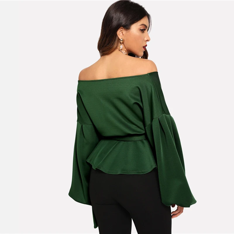 SHEIN белая офисная женская элегантная блузка с рукавом-фонариком и баской с открытыми плечами, Осенние сексуальные женские топы и блузки