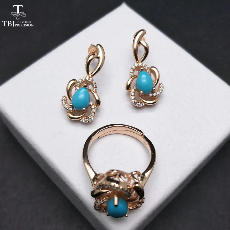 TBJ Elegant jewelry set with natural sleep beauty turquoise earring and ring in 925 sterling silver fine |