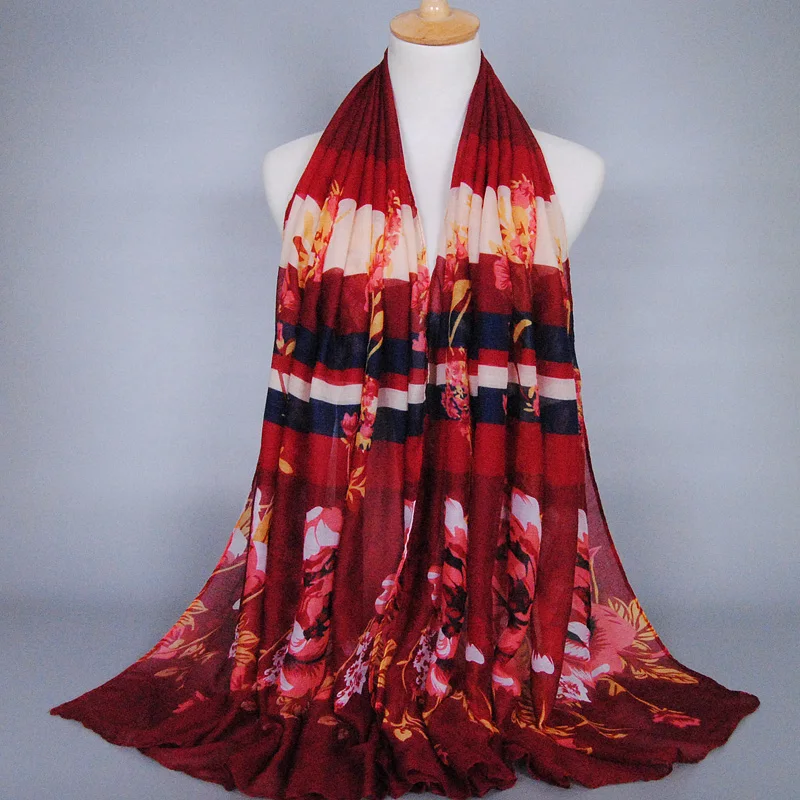 Популярный дизайн printe цветочный полосы вискоза шарф шаль мусульманский хиджаб
