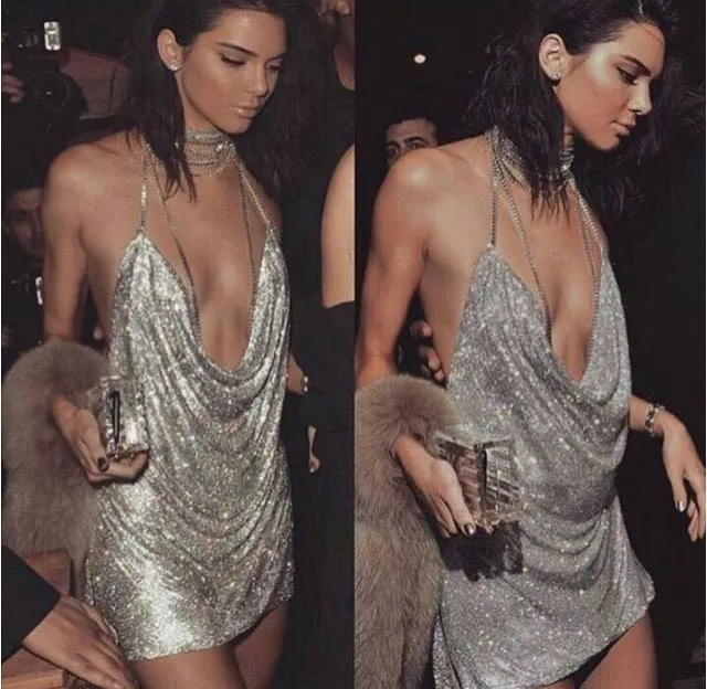 Кендалл Дженнер Сексуальная Рукавов Глубокий V Холтер Сплит Блесток Блестками
