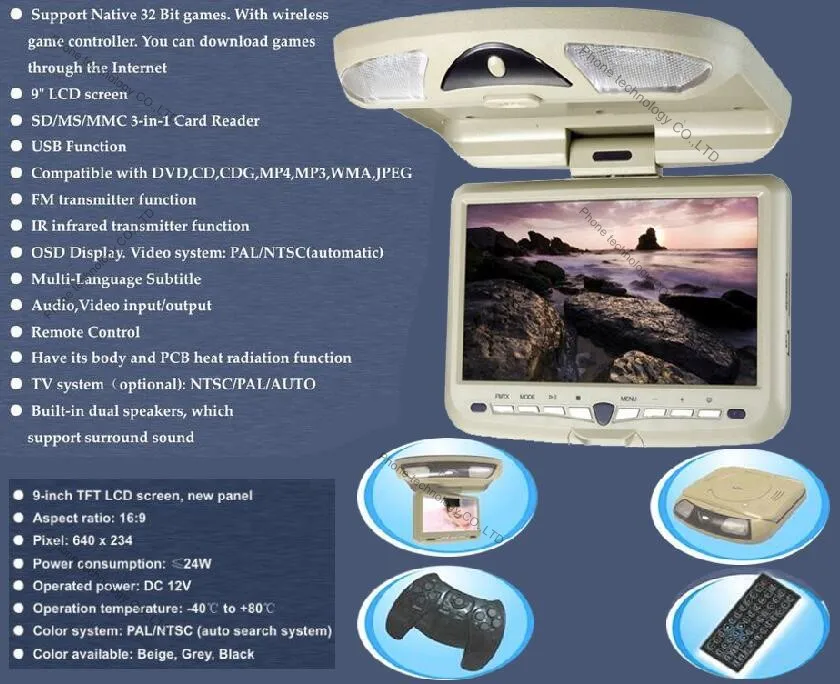 9 дюймовый автомобильный DVD плеер с креплением на крышу откидной монитор