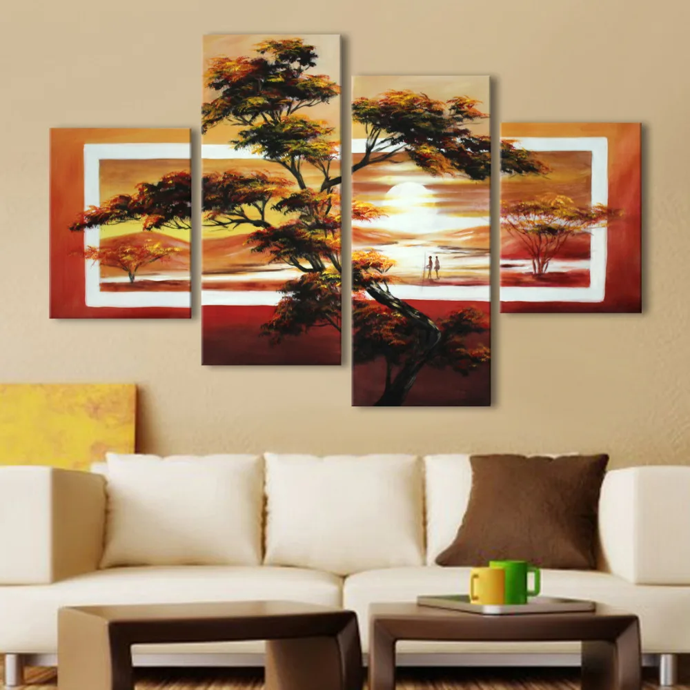 Hand Painted Modern Home Decoration Group Oil Painting African Landscape 4 Piece Canvas Wall Art Free Shipping | Дом и сад