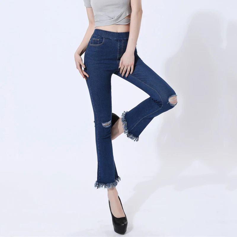 GNIBIEL Высокая талия джинсы женские большие размеры расклешенные рваные frame кошка