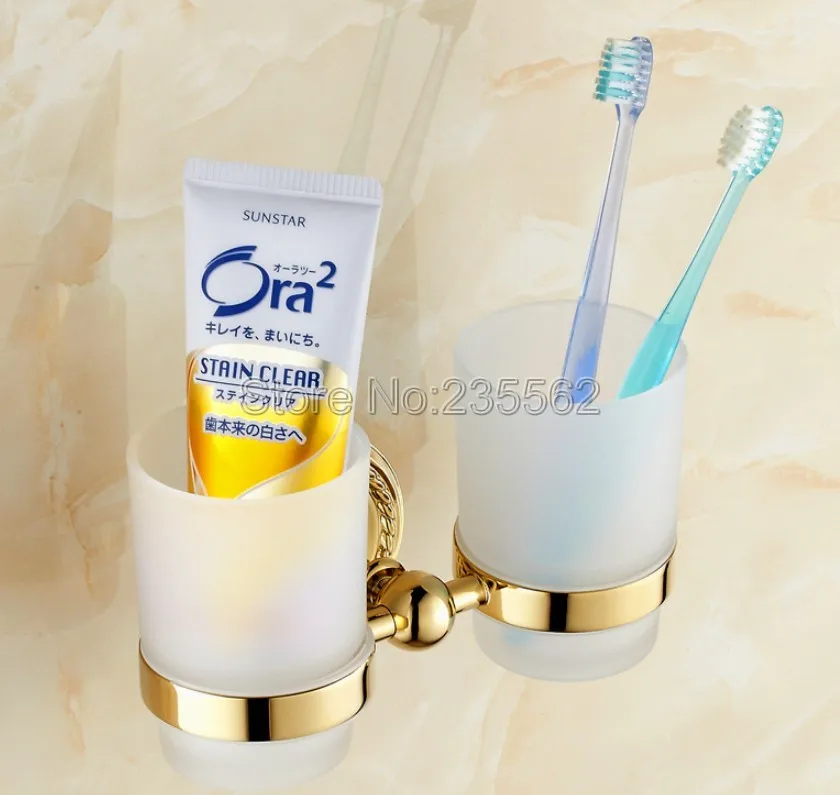 

Gold Color Brass Wall Mounted Bathroom Accessories Toothbrush Holders with Glass Cups Set lba610