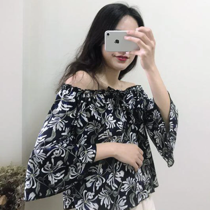 ladies tops autumn off shoulder blouse plus size blusas femininas elegante floral printing chiffon Flare Sleeve korean clothing |