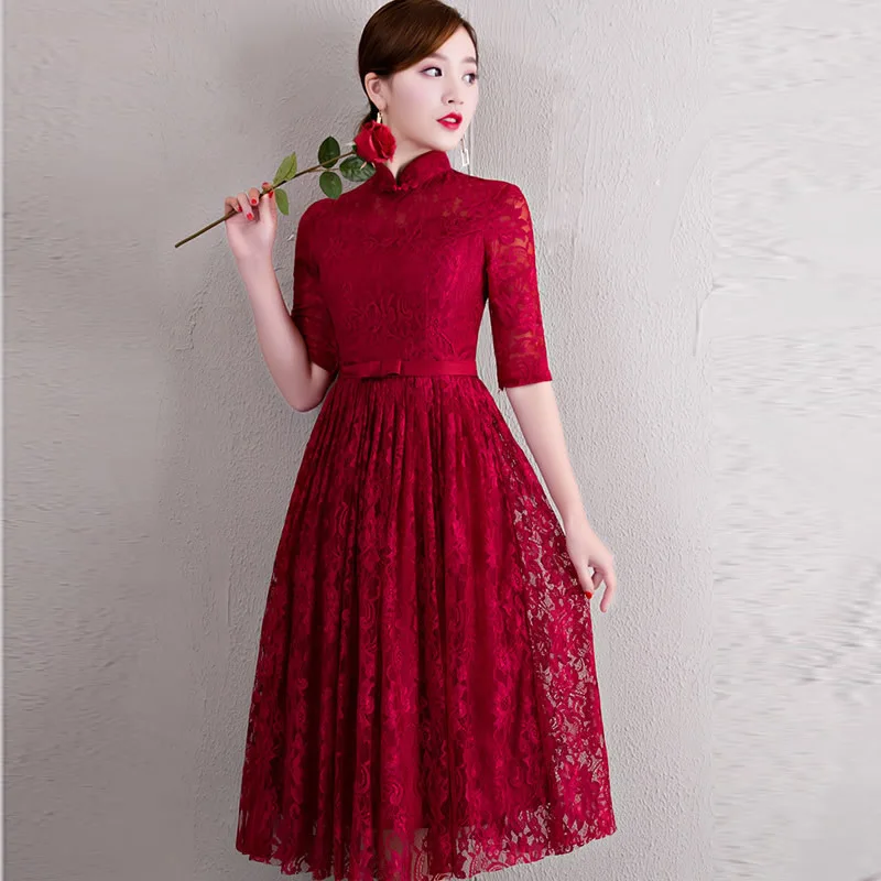 Китайское платье Qipao красное вино вечерние платья новая мода длинное кружевное вечернее платье невесты восточные Свадебные платья Cheongsam