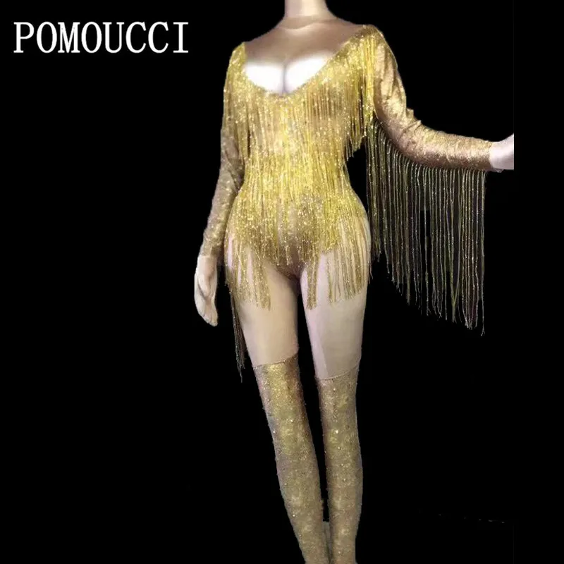 Блестящие золотые стразы боди с кисточками Цельный купальник Одежда для танцев