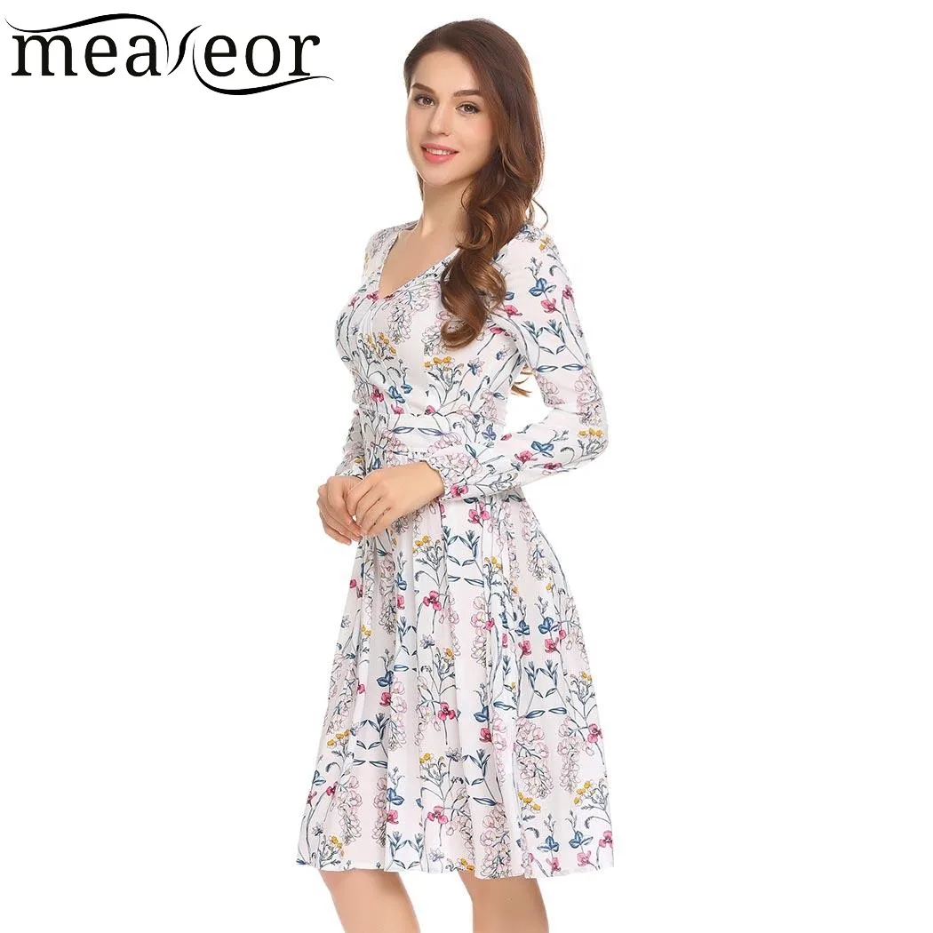Meaneor женское модное платье с v-образным вырезом длинным рукавом цветочным