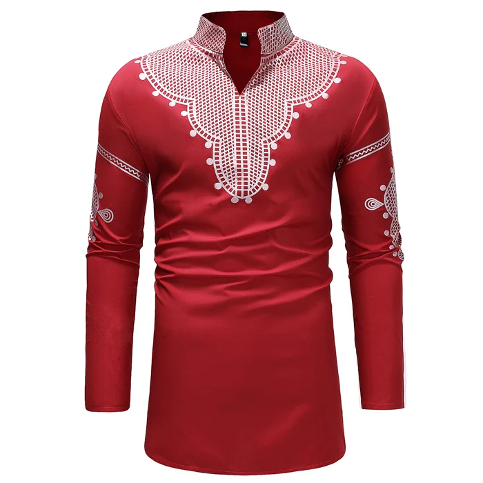 FZ15 red Мужская хипстерская африканская Дашики длинная футболка модная повседневная стоячий воротник длинный рукав Футболка Мужская Хип-Хоп Уличная одежда Топы - Цвет: FZ15 red