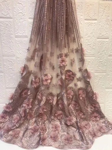 3D African Flower Embroidered Tulle Lace Pearls Fabric 2019 High Quality with beads for Wedding WZH117 | Дом и сад