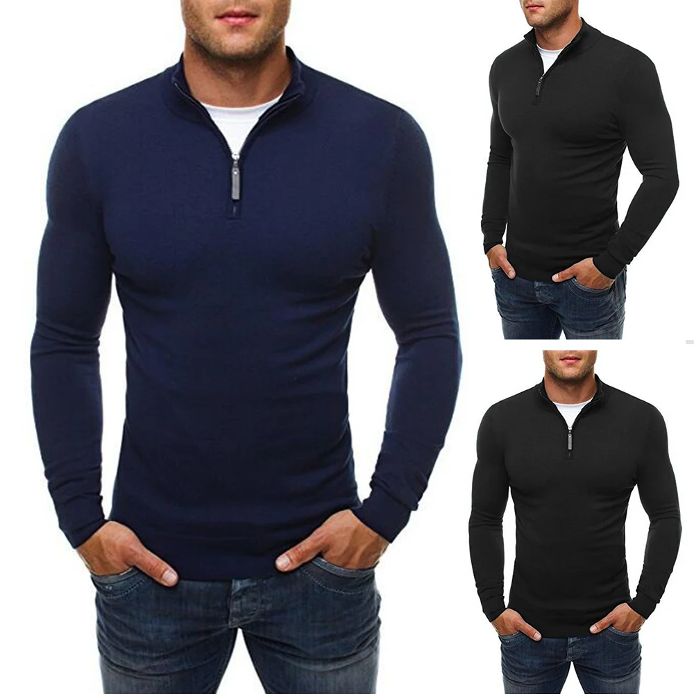 Men's Slim Muscle Fit Zip Neck Polo Sweater Casual Long Sleeve Sweater and Pullover
