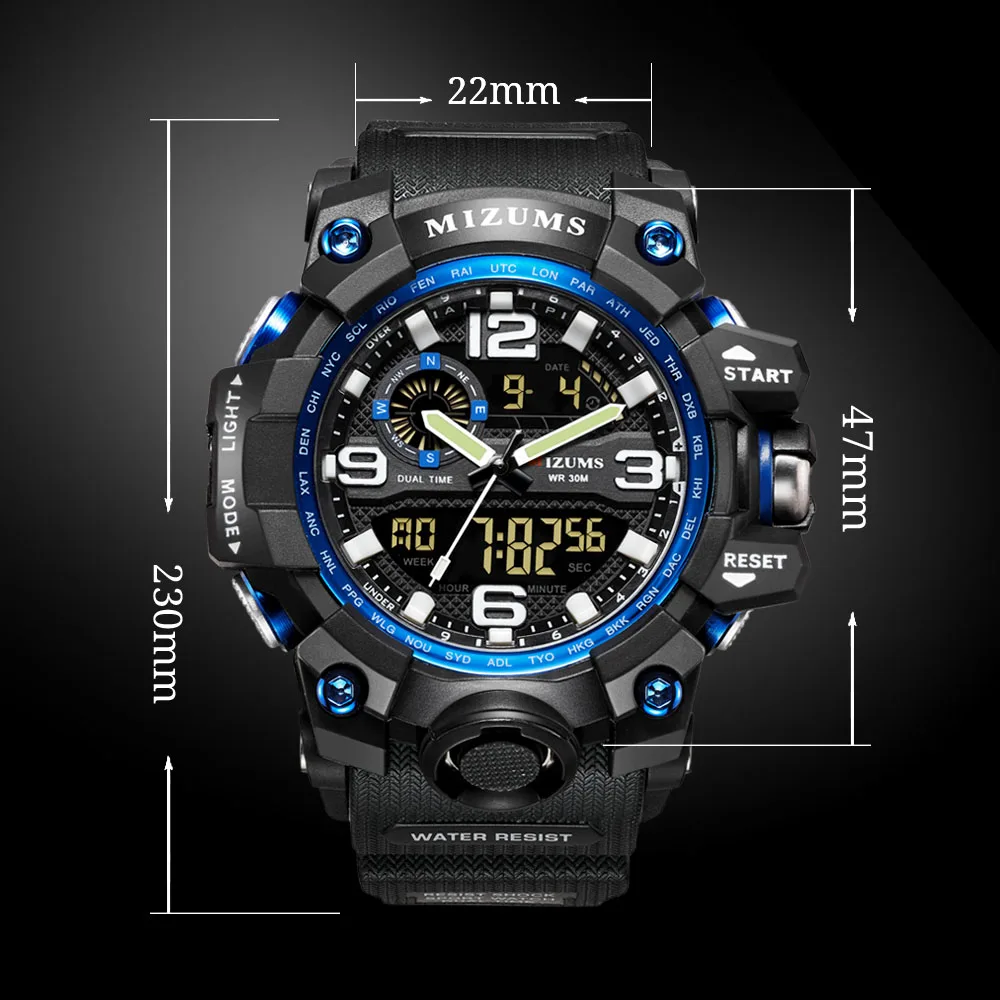 Кварцевые часы для мужчин водонепроницаемые цифровые мужские с двойным временем