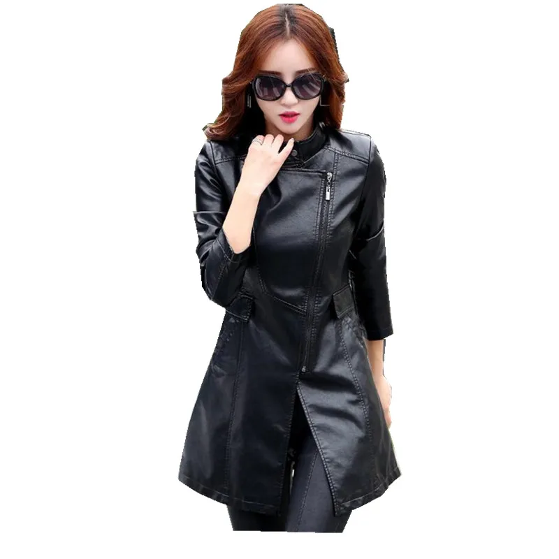 Spring and autumn medium-long leather jacket long-sleeve female  high quality elegant fashion slim leather Explosive M-5XL 6608