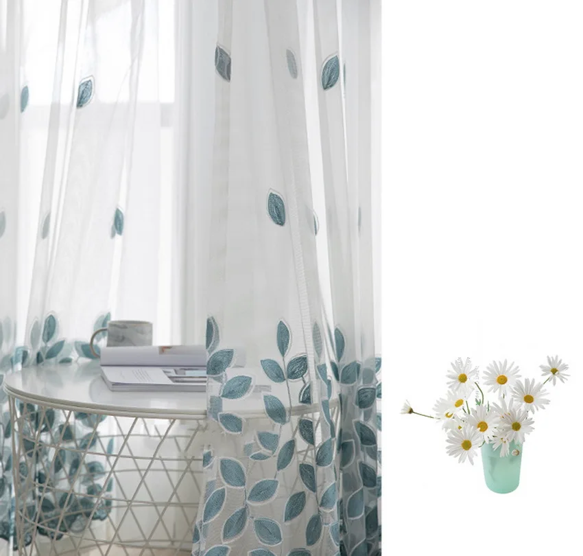 Blue Four-leaf Clover Embroidery Tulle Curtains For Living Room Sheer Panels White Voile Curtains For Bedroom Kitchen M099#4