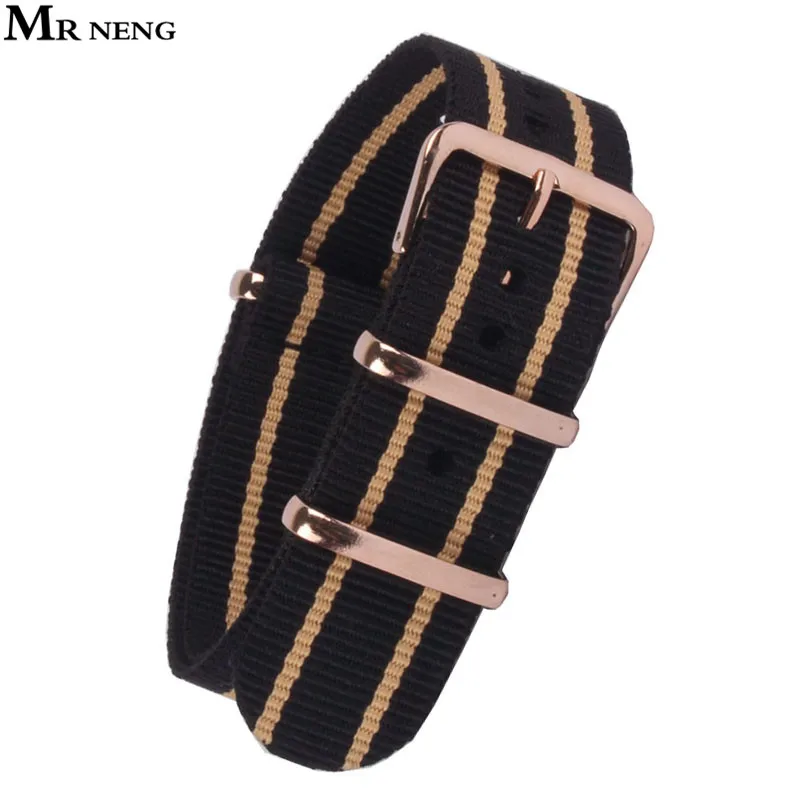 MR NENG Watch Band Rose Gold Buckle 18mm 20mm 22mm Black Beige Stripe belt Army Military Nato Fabric Nylon Watchbands Strap Band