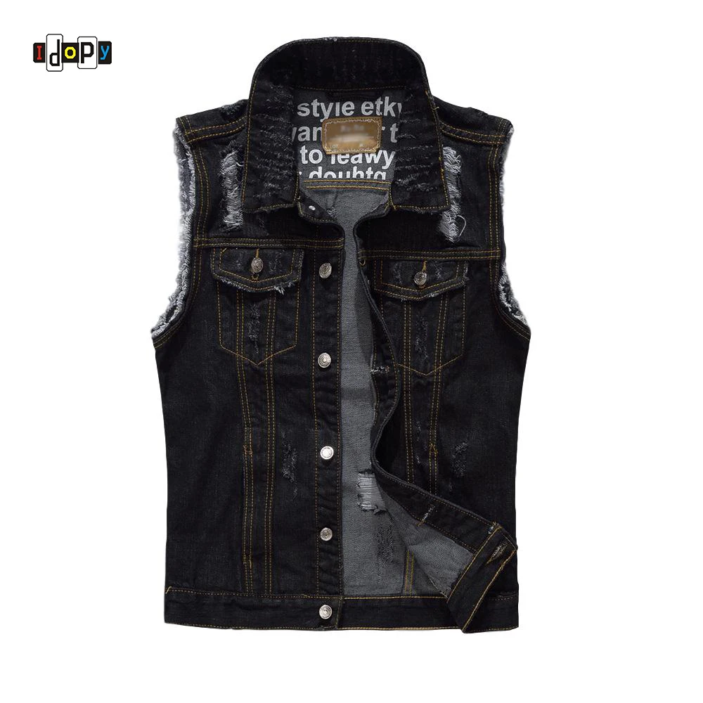 Idopy Новое поступление мужские черные джинсовый жилет Однобортный с эффектом