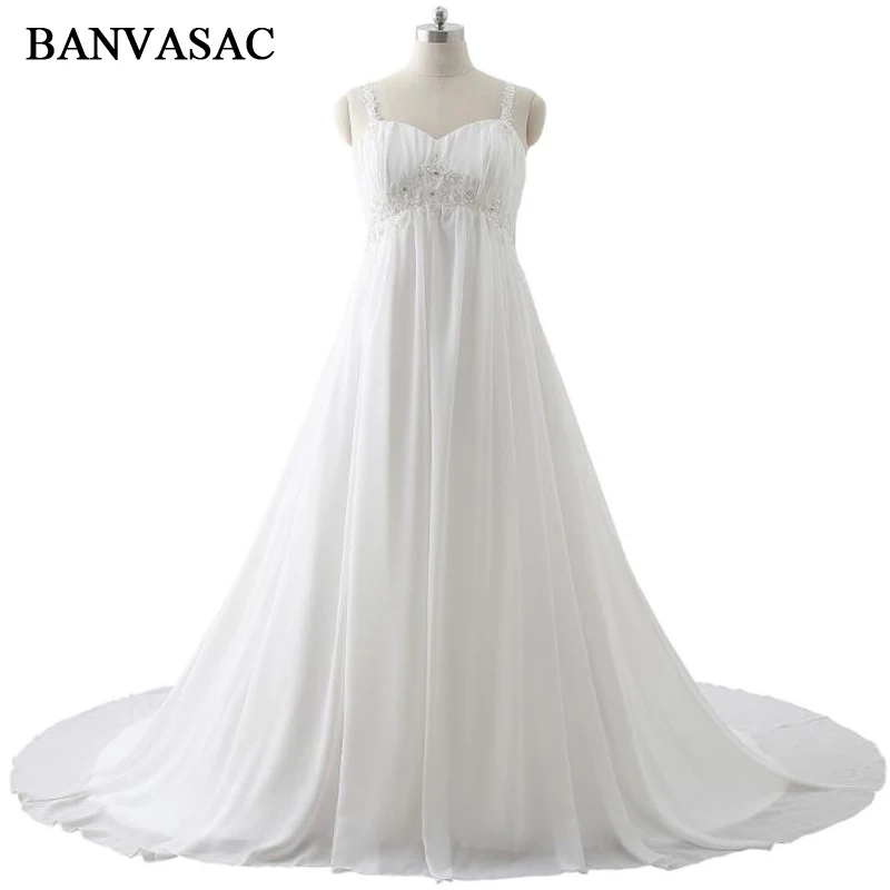 

BANVASAC 2017 New A Line Elegant Crystals Sweetheart Wedding Dresses Sleeveless Beadings Chiffon Sweep Train Bridal Gowns