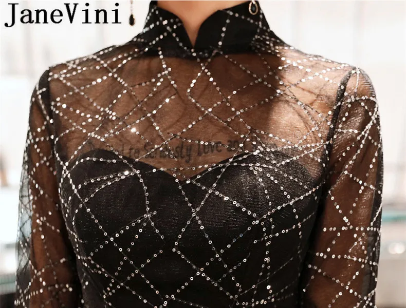Женское вечернее платье с блестками JaneVini Черное длинное коротким рукавом