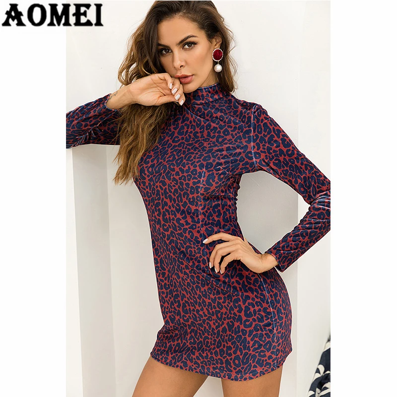 Mini Dress Velvet Long Sleeve Slim Autumn Fashion Leopard Printing for Women Dresses Casual Wear Retro Sheath Tunics Clothing | Женская