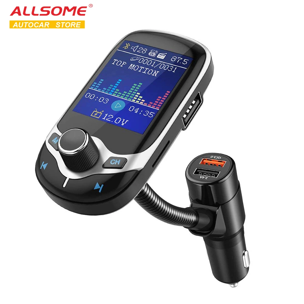 

ALLSOME Bluetooth FM Transmitter Car MP3 Player with 1.8" LCD Display Wireless Handsfree Car Kit Support USB Flash TF AUX On/Off