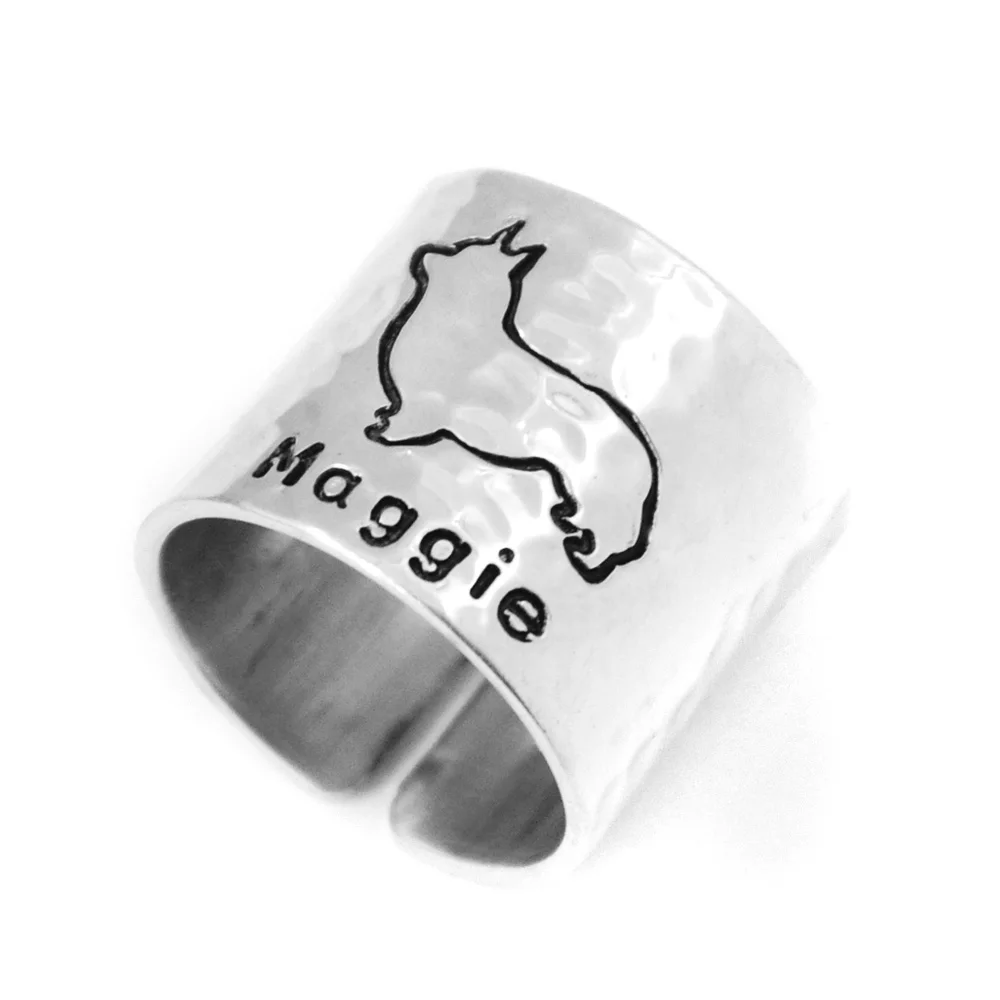 

Personalized Hammered Welsh Corgi Ring, Dog Lover Gift Custom Welsh Corgi Ring Hand Stamped, Engraved Ring Wide