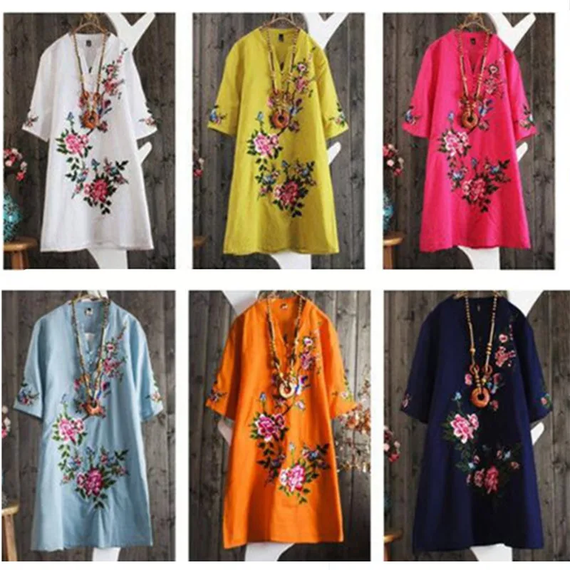 Summer Short Sleeve Blouses Women Maxi Long Bohemian Vintage Retro Flowers Embroidery Blouses Shirts Casual Mini-Dress NS820