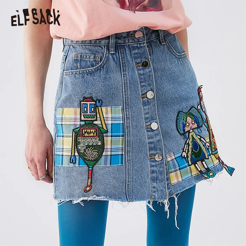 Женская джинсовая юбка ELF SACK, голубая повседневная юбка со средней посадкой, юбка с вышитым принтом, для ношения летом