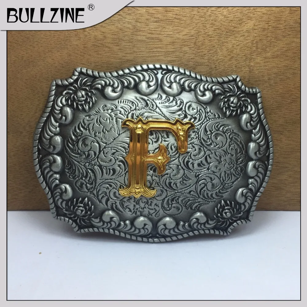 Пряжка для ремня Bullzine буква F с оловом и золотым покрытием FP-03687-F подходит шириной