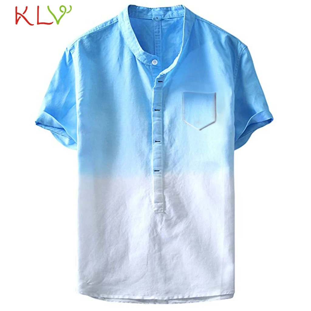 Blue with Pocket Мужская рубашка, летняя, градиентная, короткий рукав, Ретро стиль, хлопок, лен, белая, повседневная, рабочая рубашка, Мужской Топ, Homme, одежда для пробежек, 19My - Цвет: Blue with Pocket