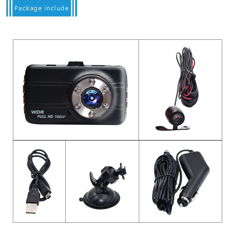 Двойная Автомобильная камера DVR 1080P Автомобильный рекордер 3 дюйма 150 градусов 6 Led