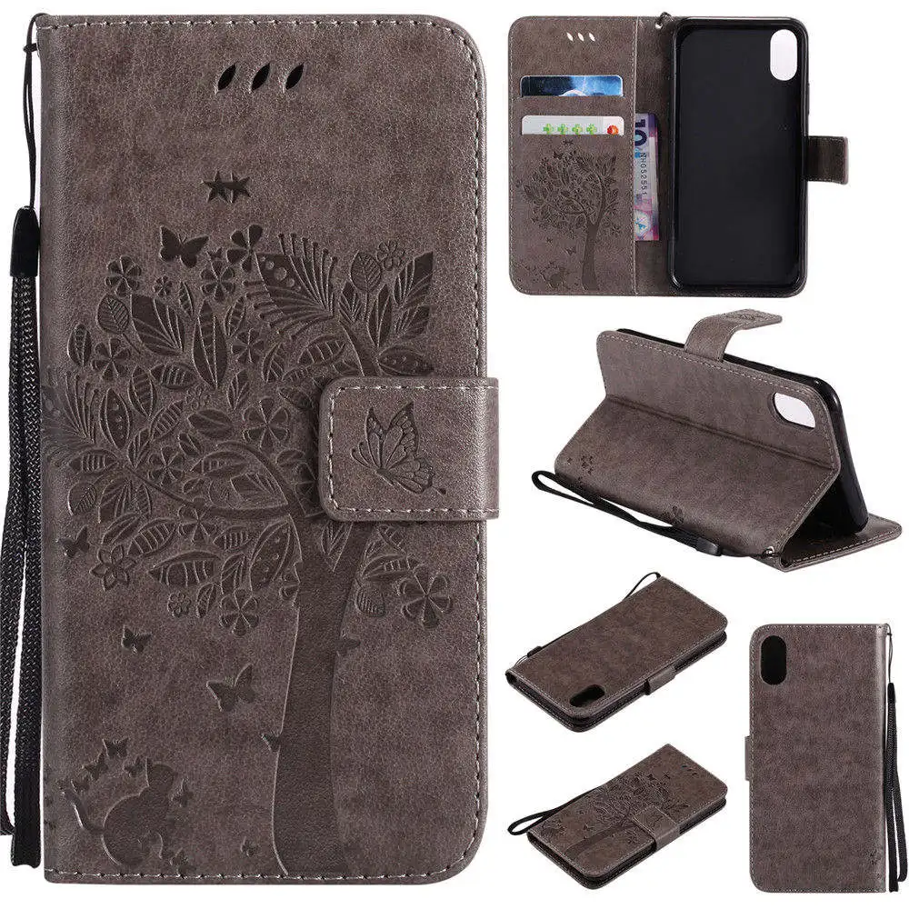 Gray-Tree Кожаный бумажник-книжка чехол для iPhone X XS MAX XR 6 7 8 Plus 7 P 8 P 5 5S SE карта Solt Телефон чехол для iPhone X 7 8 7+ 5s 6s Funda - Цвет: Gray-Tree