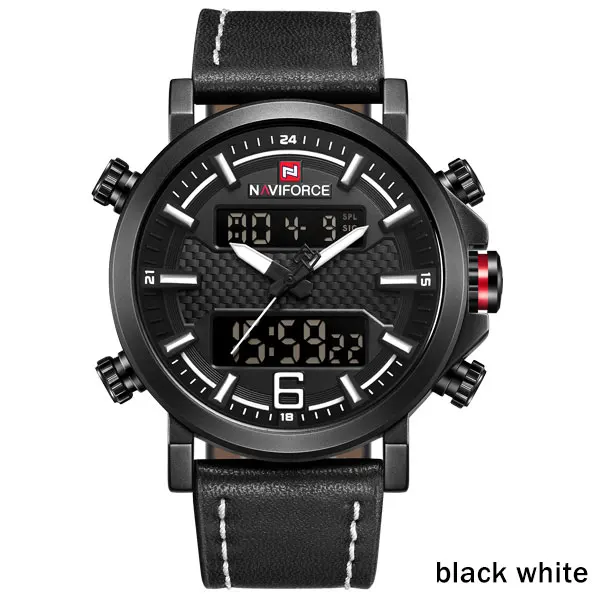 black white NAVIFORCE модные мужские часы с двойным дисплеем, военные армейские часы с кожаным ремешком, цифровые часы, мужские стильные водонепроницаемые часы 30 м - Цвет: black white