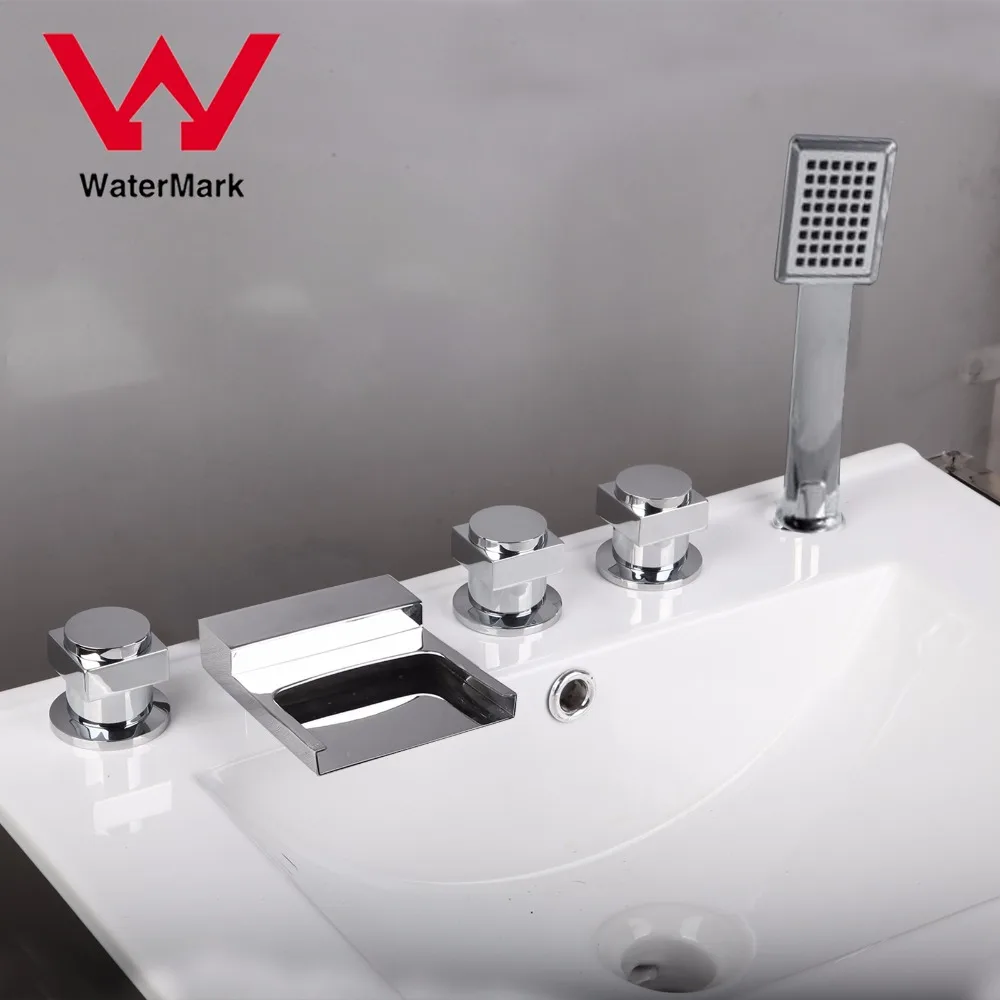 KEMAIDI Deck Mount Widespread 5pcs Bathtub Faucet Waterfall 3 Handles Mixer Tap With Hand Spray Polished Chrome Finish | Обустройство